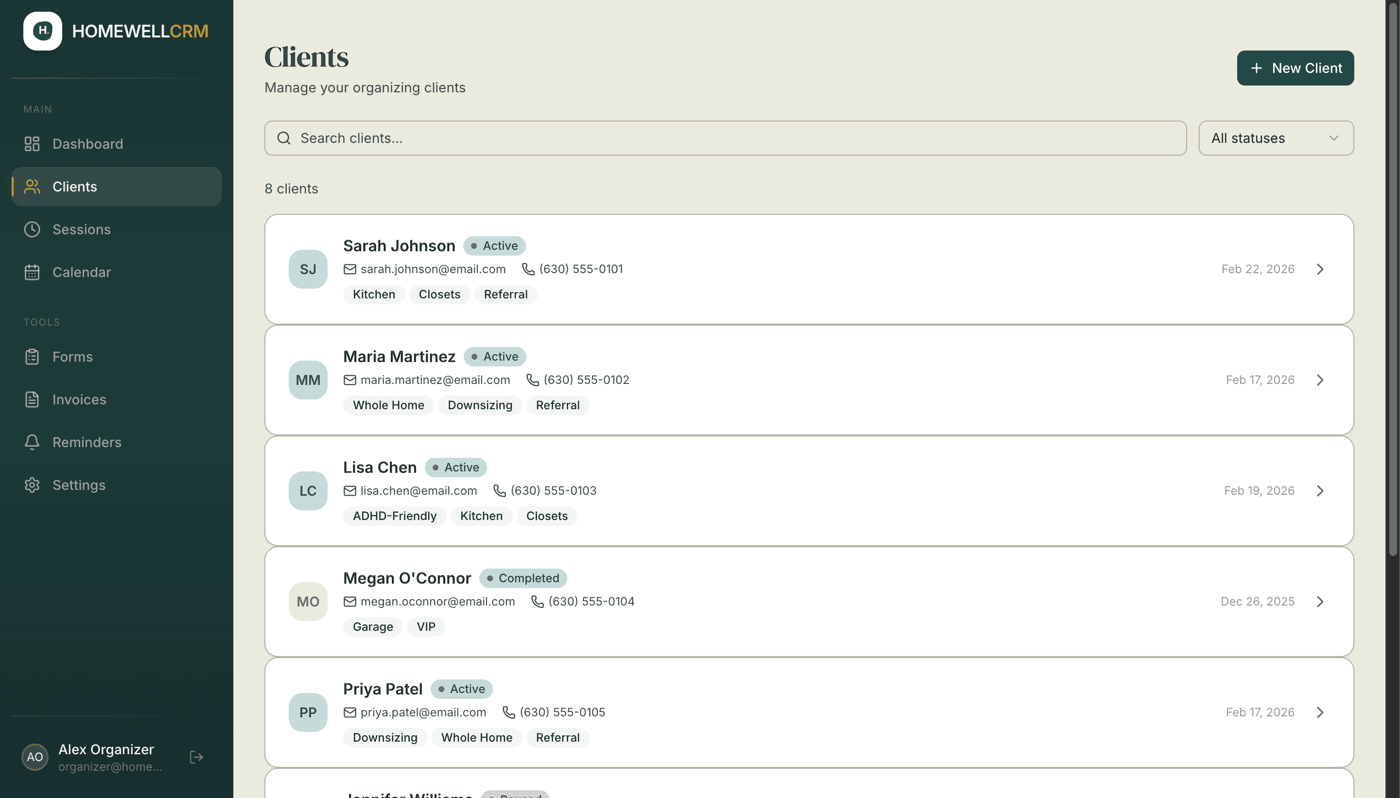 Client management view showing client list with tags and status badges
